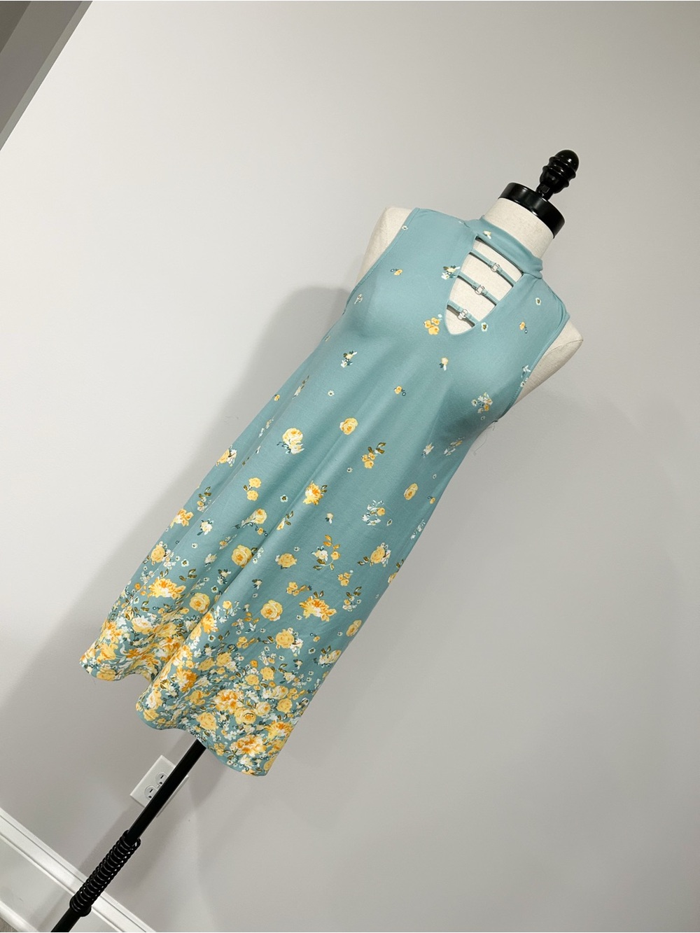 No Boundaries Seafoam Green Halter Dress with Yellow Floral Border